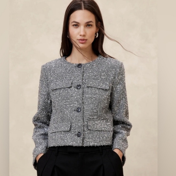 NWT $200 Banana Republic Metallic Tweed Jacket Women's Small Lined Gray Silver - Picture 2 of 13